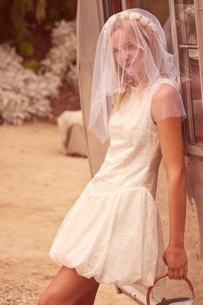 Eyelet Lace Boatneck Drop-Waist Bubble Mini Dress