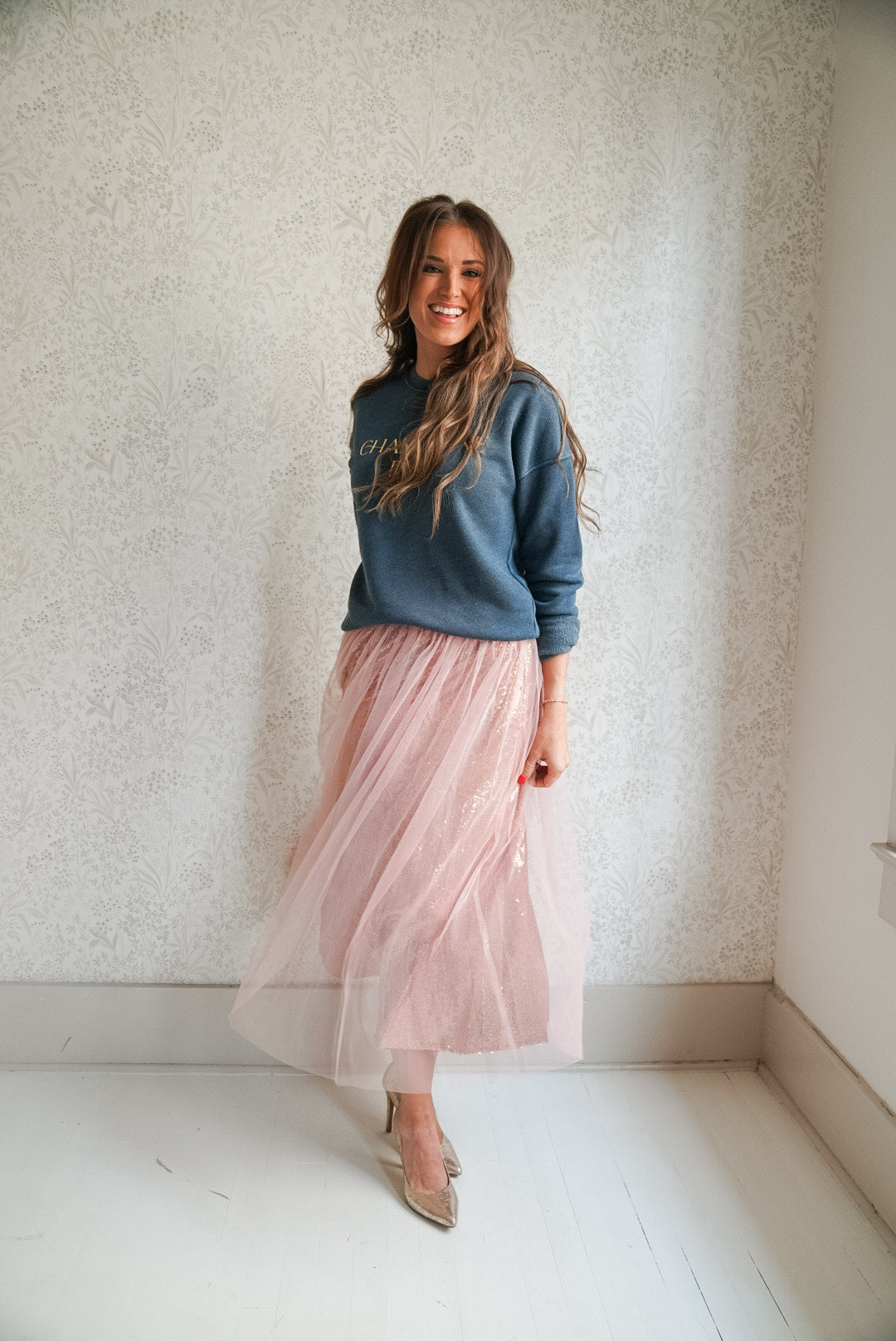 DANCE THE NIGHT AWAY SEQUIN MESH TULLE MIDI SKIRT