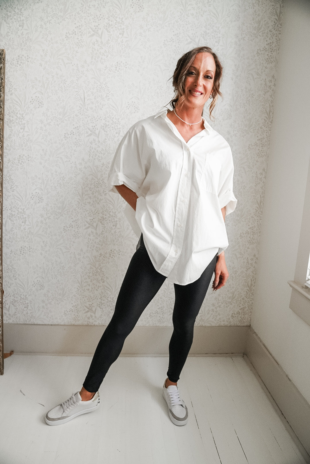 White Oversized Cuff Hem Button Down Shirt