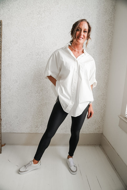 White Oversized Cuff Hem Button Down Shirt