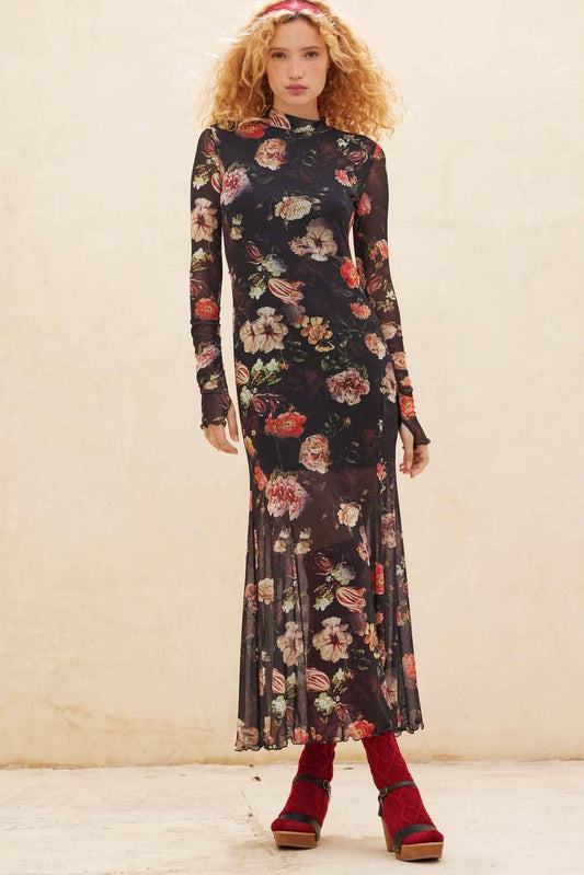 Floral-Print Mesh Mock-Neck Long-Sleeve Maxi Dress