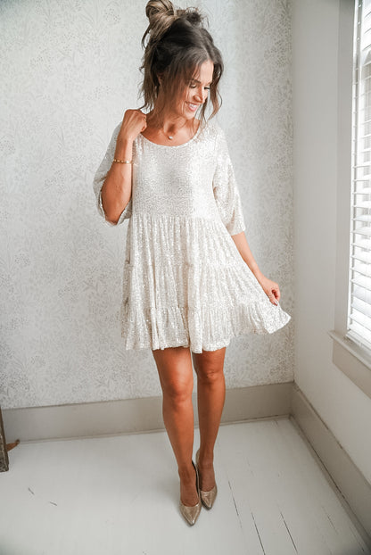 Sequins Tiered Babydoll Mini Dress - Half Length Sleeves