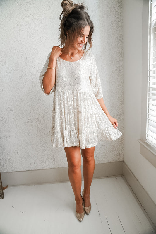 Sequins Tiered Babydoll Mini Dress - Half Length Sleeves