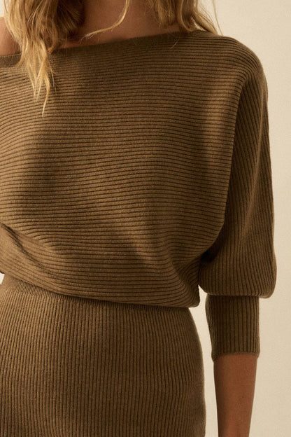 Rib-Knit One-Shoulder Dolman Midi Sweater Dress