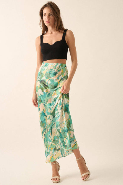 Abstract-Print Satin Bias-Cut Maxi Skirt