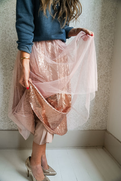 DANCE THE NIGHT AWAY SEQUIN MESH TULLE MIDI SKIRT