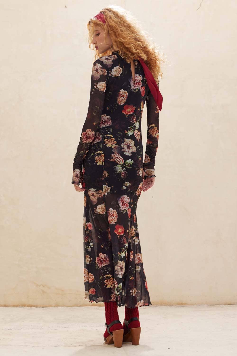 Floral-Print Mesh Mock-Neck Long-Sleeve Maxi Dress