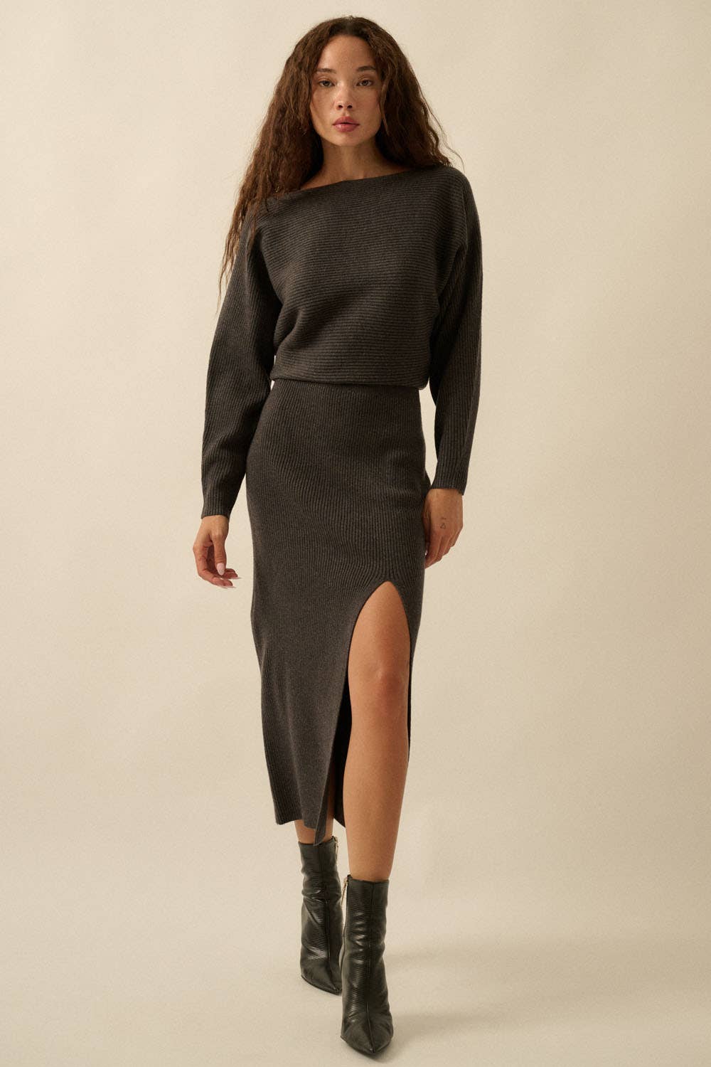Rib-Knit One-Shoulder Dolman Midi Sweater Dress