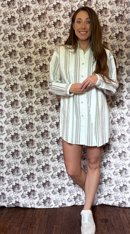 Striped Belted Button-Front Shirt Romper