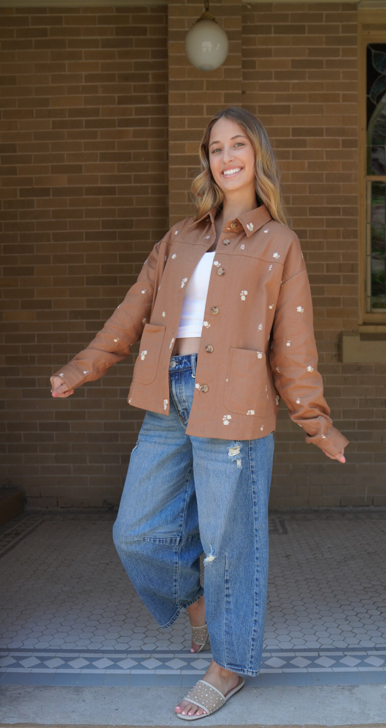 EMBOIDERY COTTON TWILL OVERSIZED UTILITY JACKET