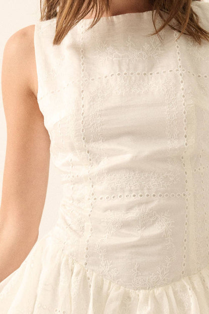 Eyelet Lace Boatneck Drop-Waist Bubble Mini Dress