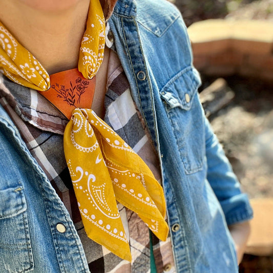 Bandana Slide Triangle - Antiqued Saddle Tan Leather - Wildflowers