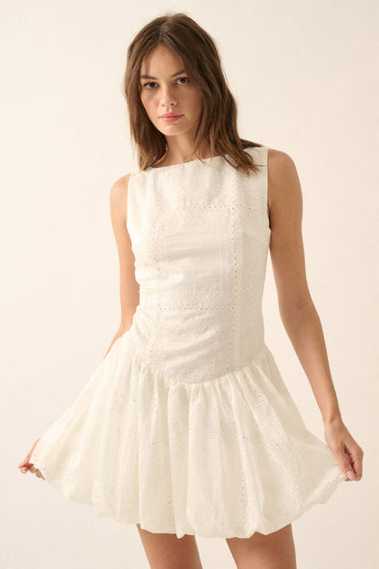 Eyelet Lace Boatneck Drop-Waist Bubble Mini Dress
