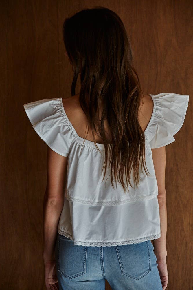 Woven Cotton Buttondown Square Neck Short Sleeve Top