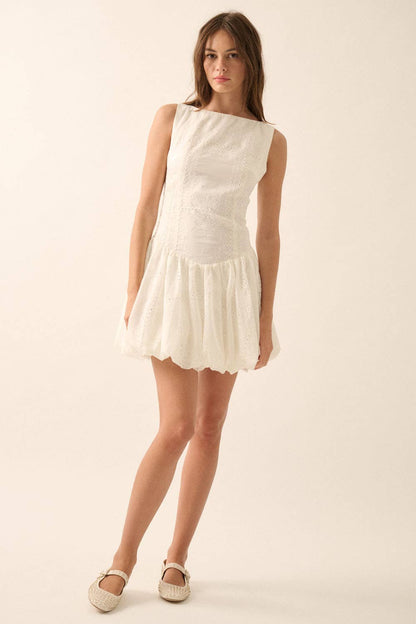 Eyelet Lace Boatneck Drop-Waist Bubble Mini Dress