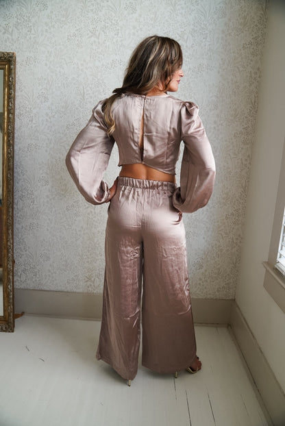 Whimsical Satin Waist Wide Leg Pants