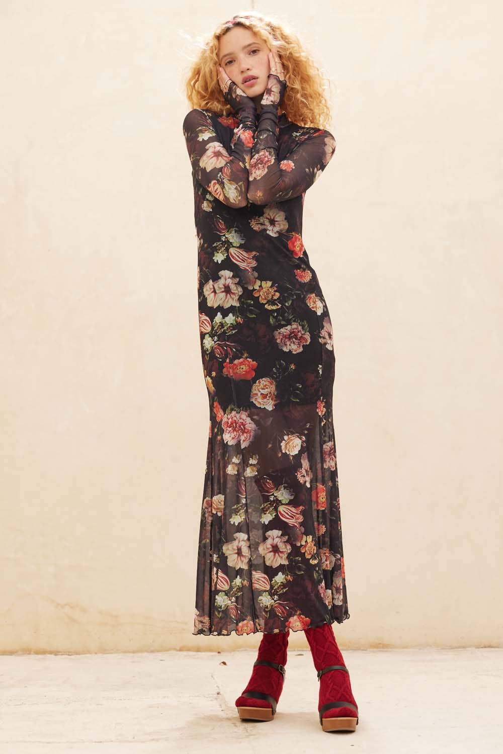 Floral-Print Mesh Mock-Neck Long-Sleeve Maxi Dress