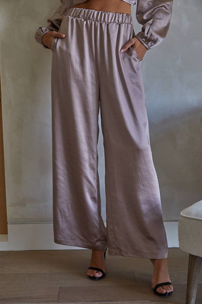 Whimsical Satin Waist Wide Leg Pants
