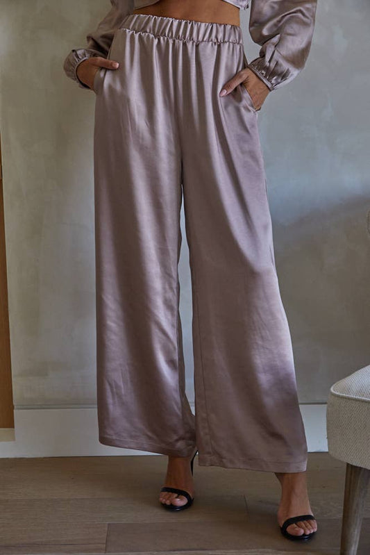 Whimsical Satin Waist Wide Leg Pants