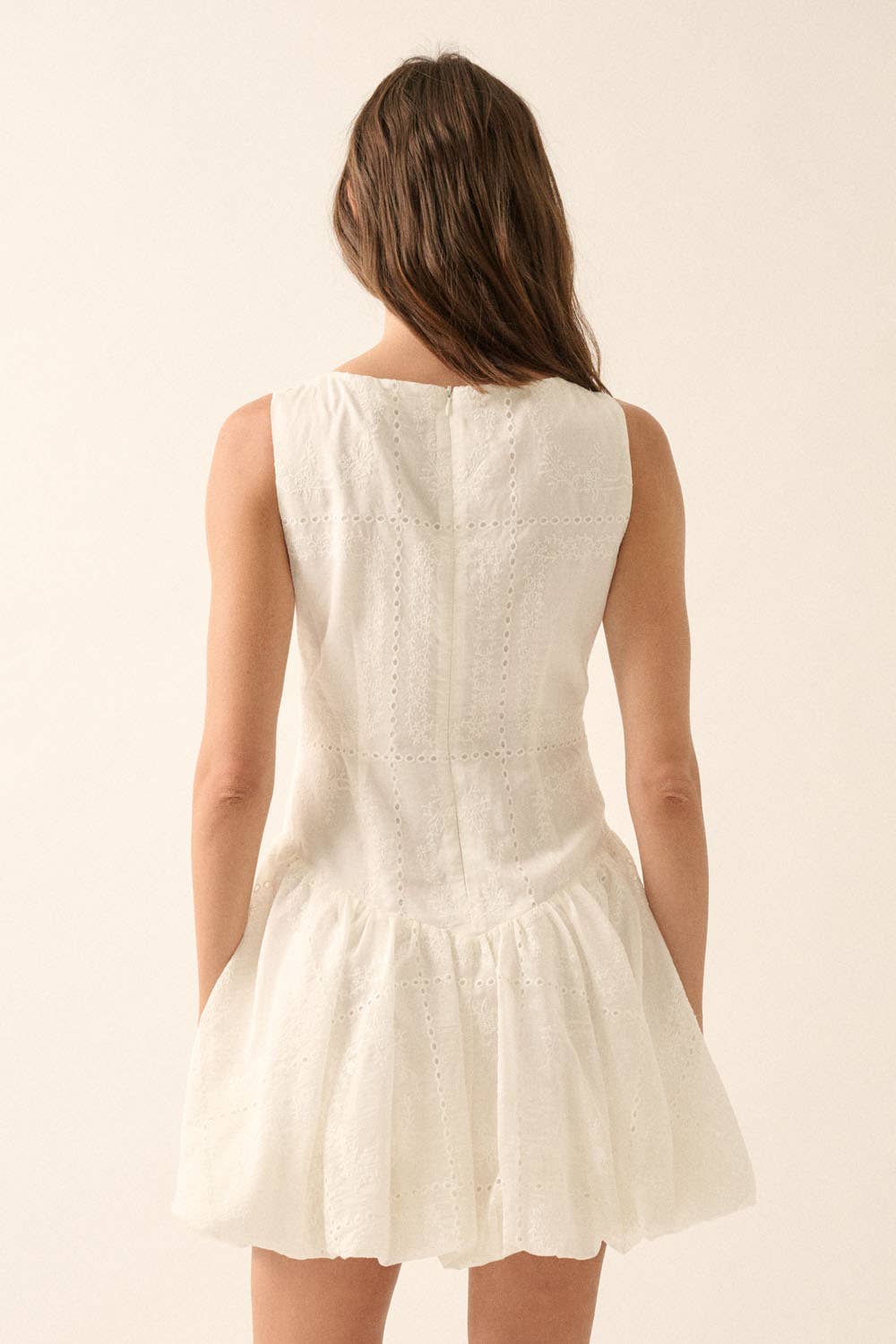 Eyelet Lace Boatneck Drop-Waist Bubble Mini Dress