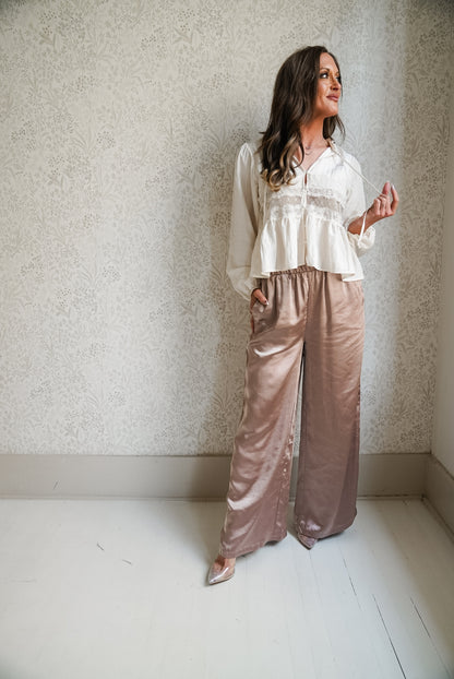 Woven Polyester Nylon Sheer Lace Detail Blouse