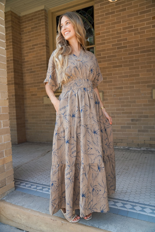 VINTAGE INSPIRED TEXTURED FLORAL MAXI DRESS WITH DOLMAN SLVS