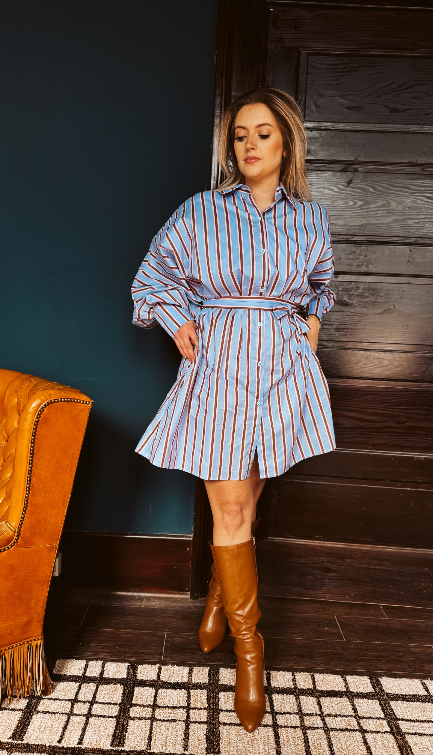 Contrast Striped Pattern Midi Shirt Dress PC3881