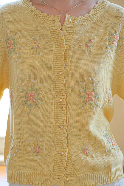 Scalloped Hem Cardigan with Floral Embroidery