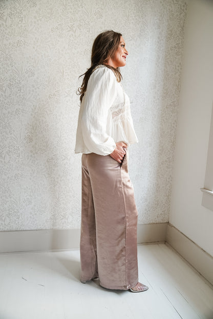 Woven Polyester Nylon Sheer Lace Detail Blouse