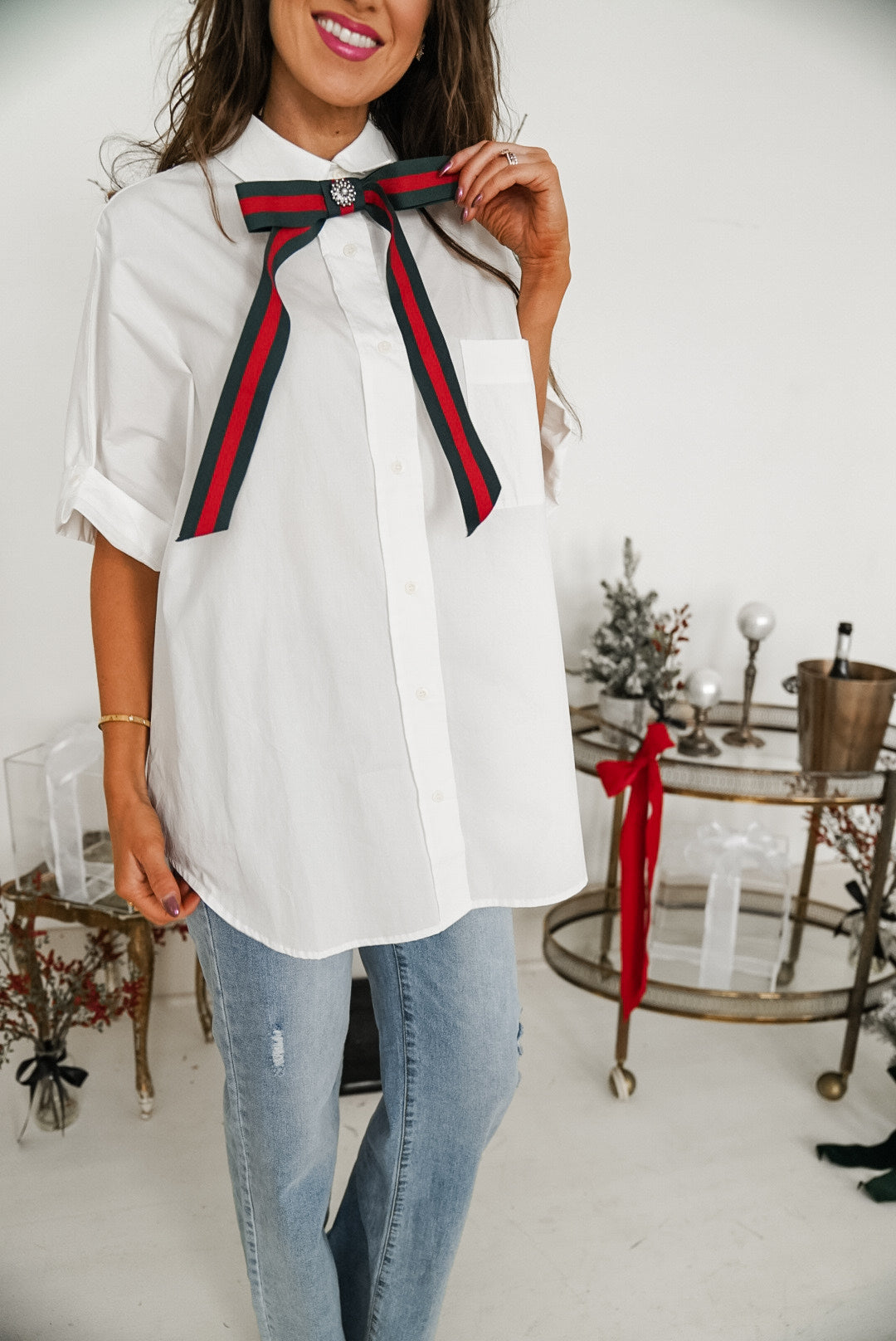 White Oversized Cuff Hem Button Down Shirt