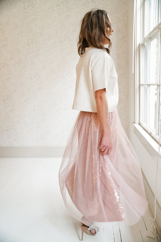 DANCE THE NIGHT AWAY SEQUIN MESH TULLE MIDI SKIRT