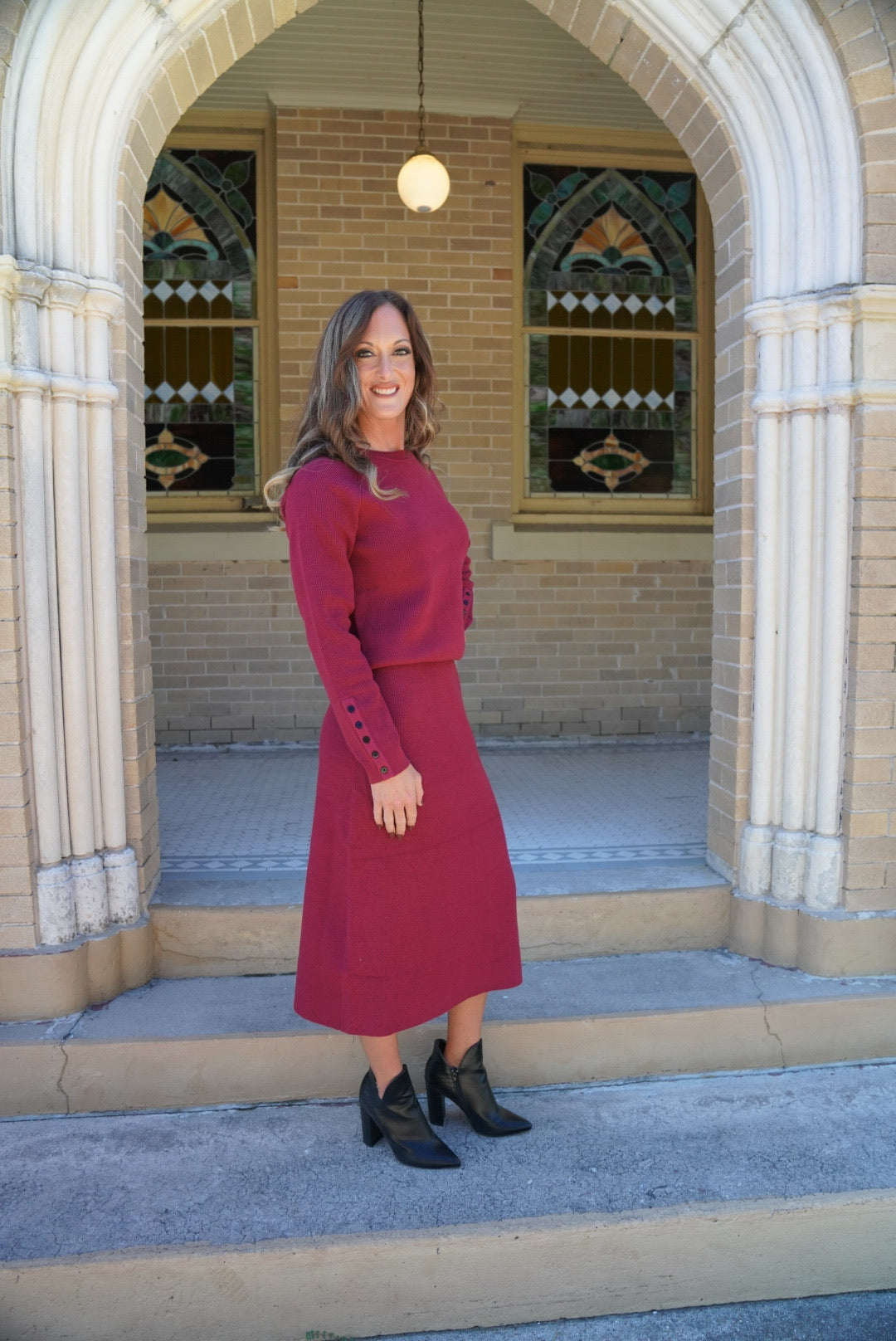 Ribbed Cuff Sweater & Midi Skirt Knit Set