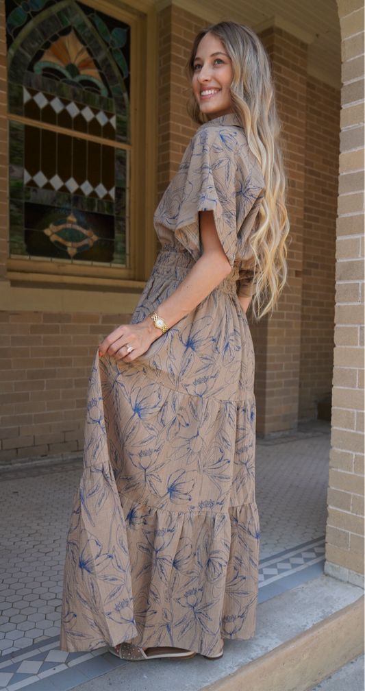 VINTAGE INSPIRED TEXTURED FLORAL MAXI DRESS WITH DOLMAN SLVS