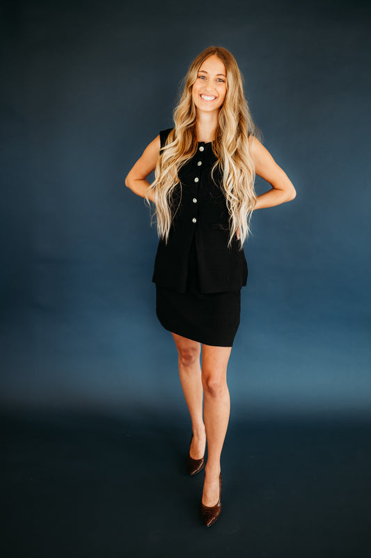 POWER SHOULDER BUTTON UP KNIT VEST & SWEATER SKORT
