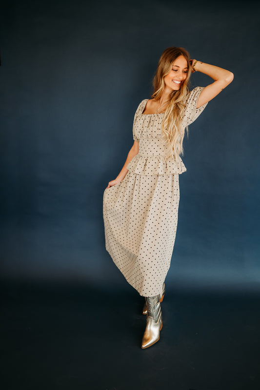 SCOOP NECK PUFF SHORT SLEEVE POLKA DOT PEPLUM MIDI DRESS