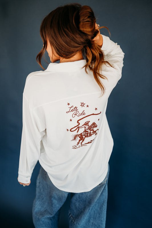 COWGIRL EMBROIDERED JERSEY BUTTON DOWN SHIRT