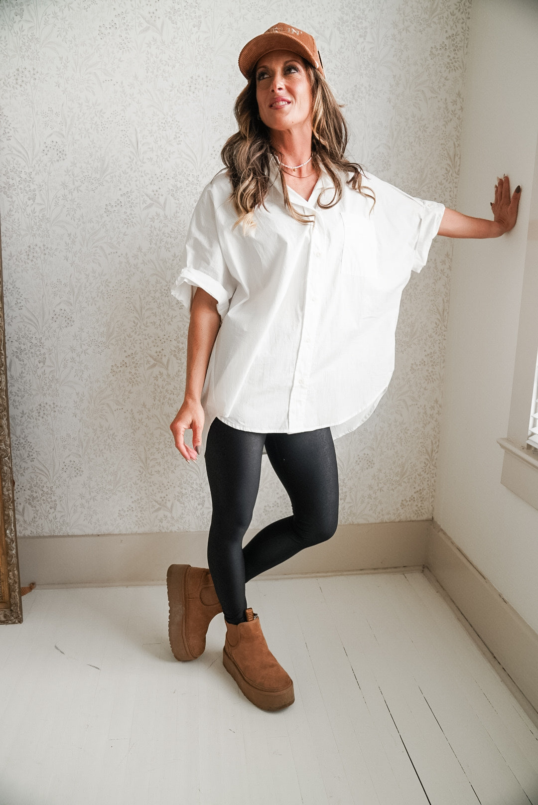 White Oversized Cuff Hem Button Down Shirt