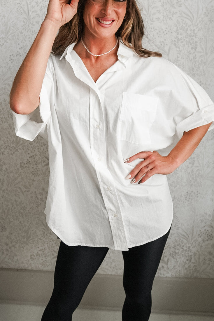 White Oversized Cuff Hem Button Down Shirt