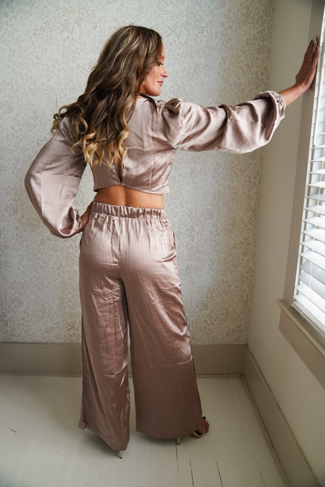 Whimsical Satin Waist Wide Leg Pants