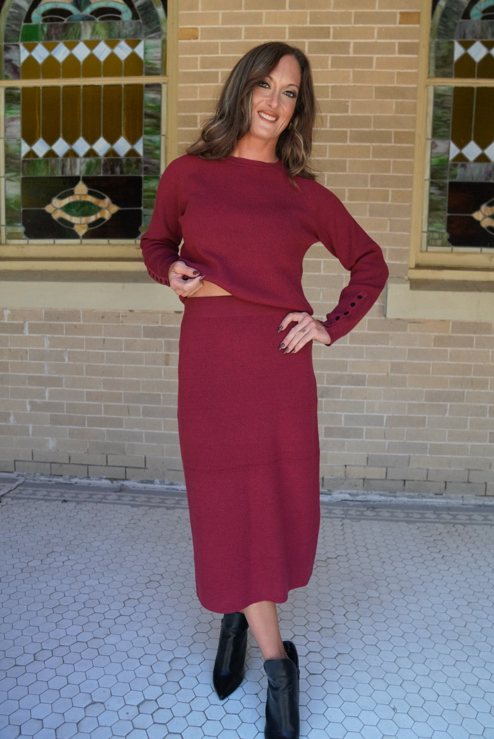 Ribbed Cuff Sweater & Midi Skirt Knit Set