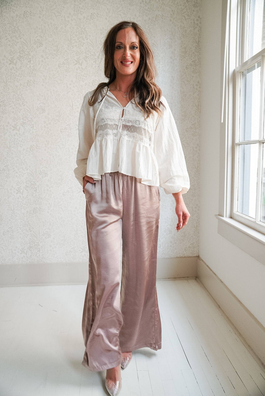 Woven Polyester Nylon Sheer Lace Detail Blouse