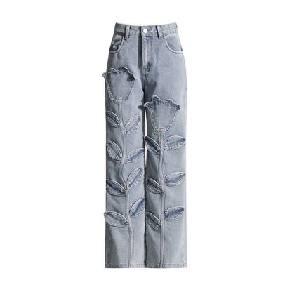 PT022Y Autumn Leaf Patchwork High Waist Denim Jeans