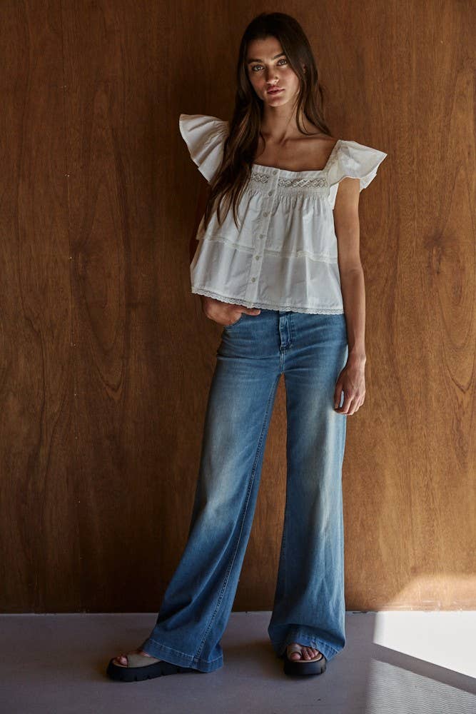 Woven Cotton Buttondown Square Neck Short Sleeve Top