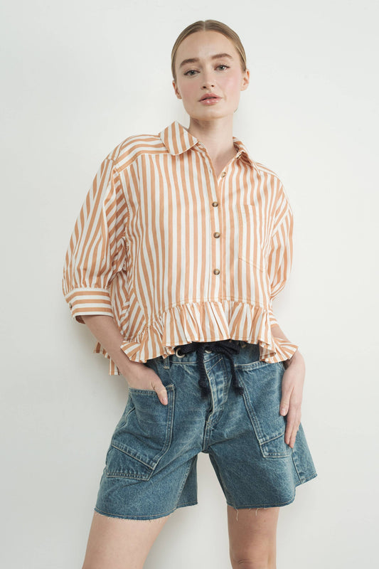 STRIPE RUFFLE HEM SHIRT
