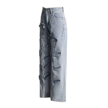 PT022Y Autumn Leaf Patchwork High Waist Denim Jeans