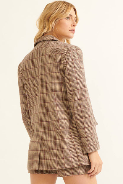 Plaid Notch Lapel Collar Double Breasted Blazer