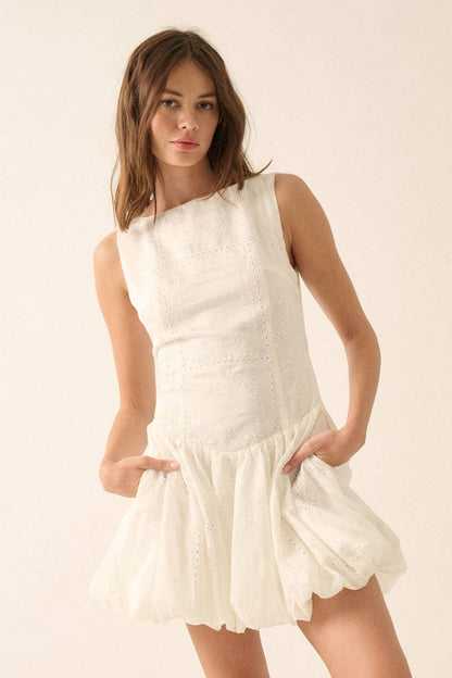 Eyelet Lace Boatneck Drop-Waist Bubble Mini Dress