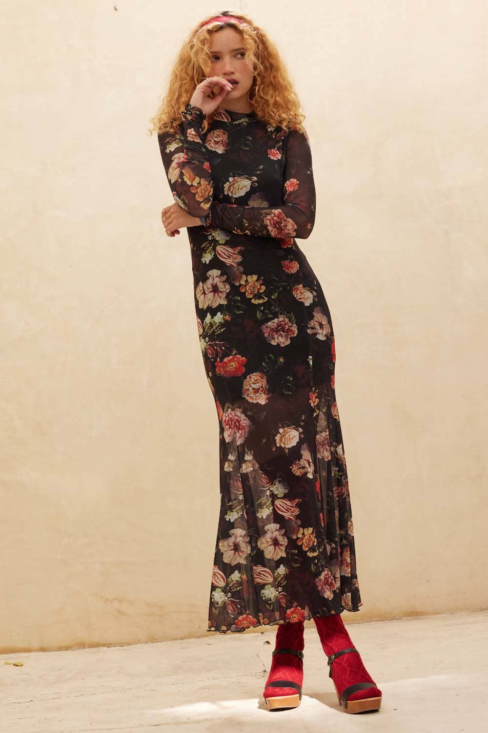 Floral-Print Mesh Mock-Neck Long-Sleeve Maxi Dress