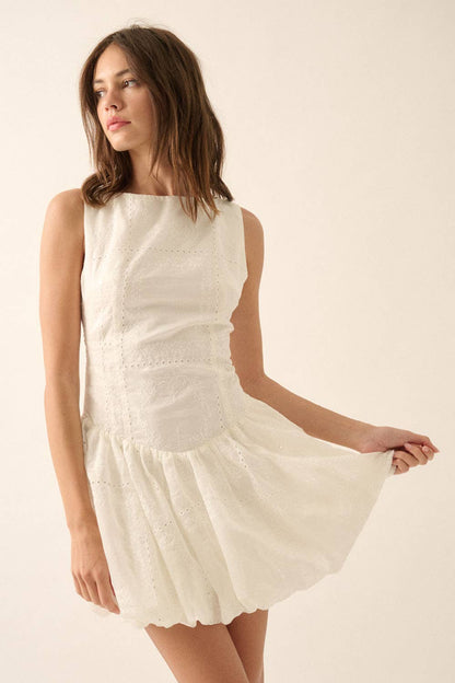 Eyelet Lace Boatneck Drop-Waist Bubble Mini Dress