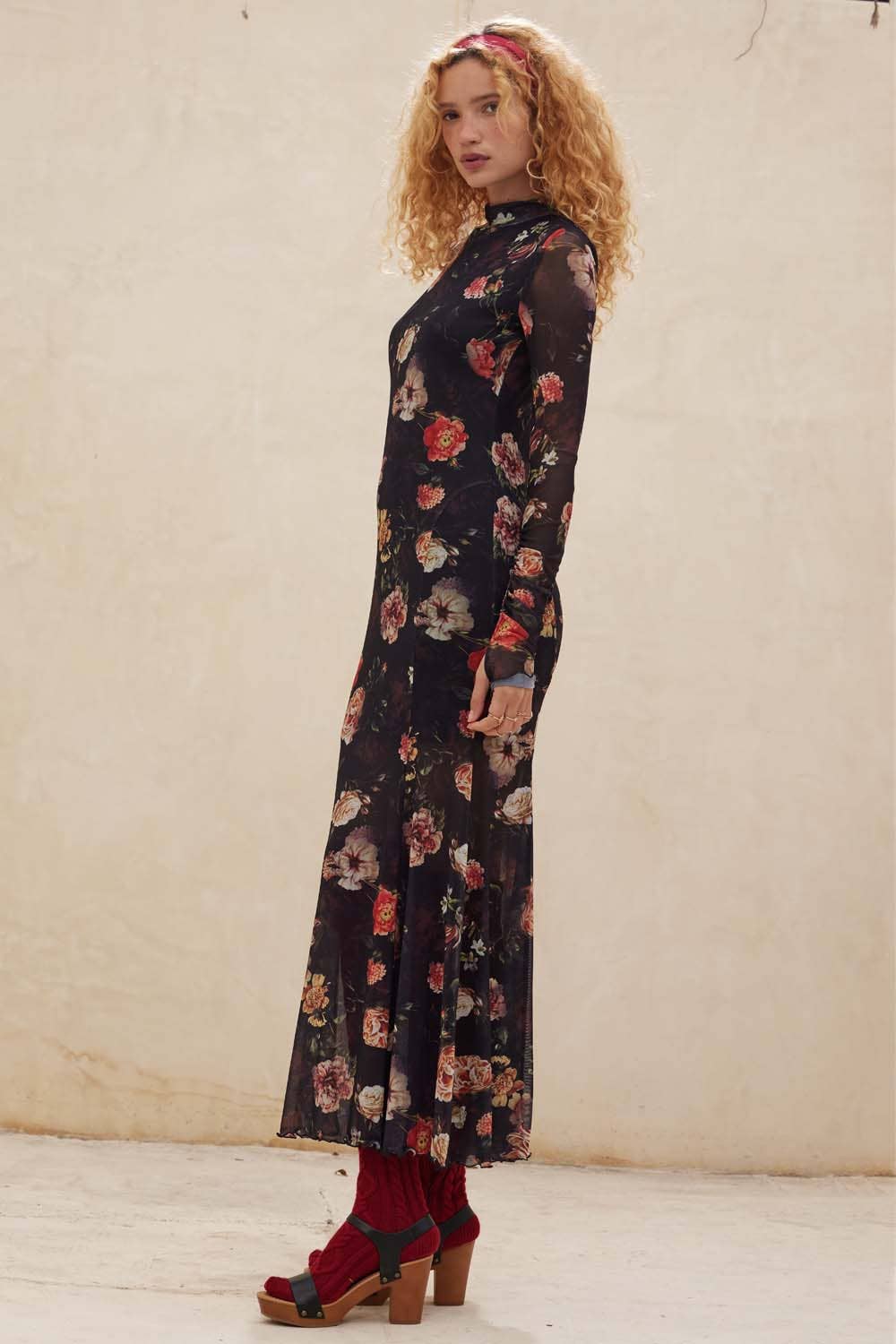 Floral-Print Mesh Mock-Neck Long-Sleeve Maxi Dress